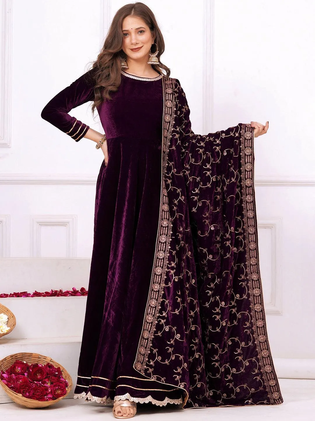 Wine Velvet Zari Work Anarkali Gown
