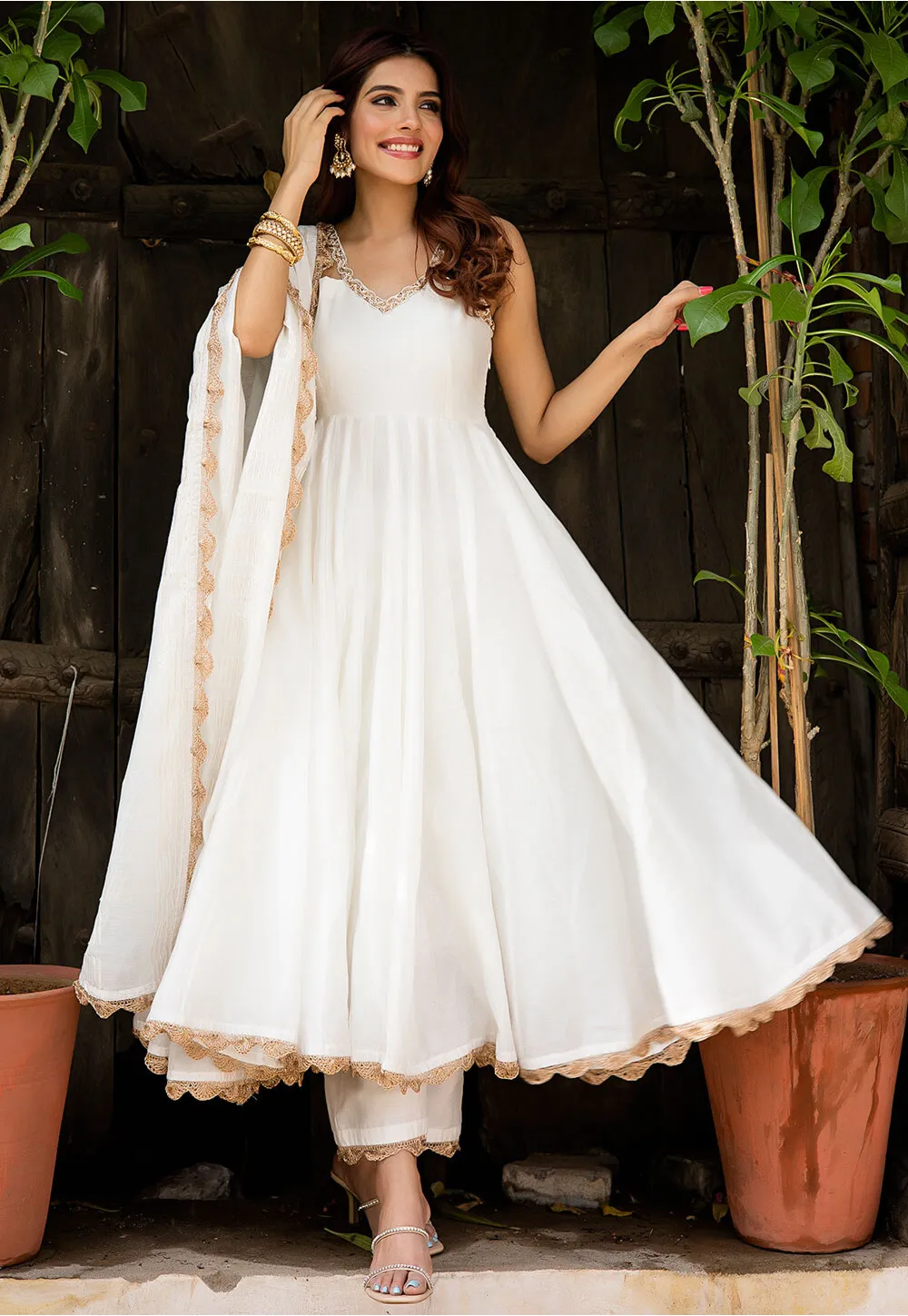 Pearl White Anarkali with Silver Foil Motifs