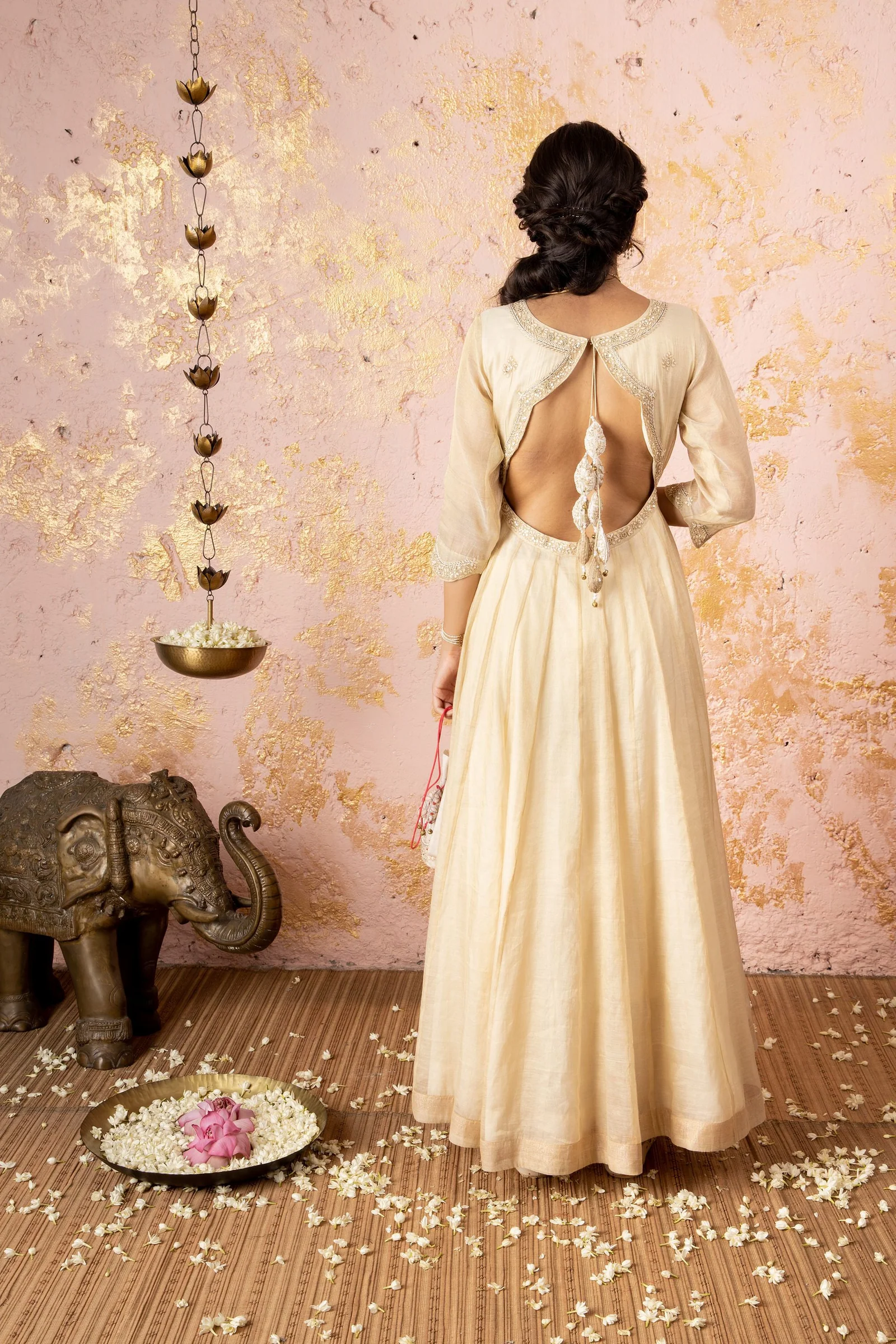 Ivory Anarkali Gown with Floral Embroidery & Dupatta