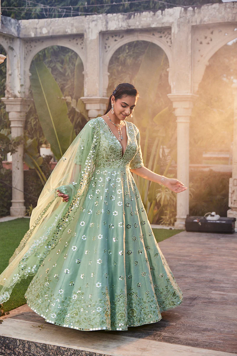 Sea Green Anarkali with Thread Embroidery & Dupatta