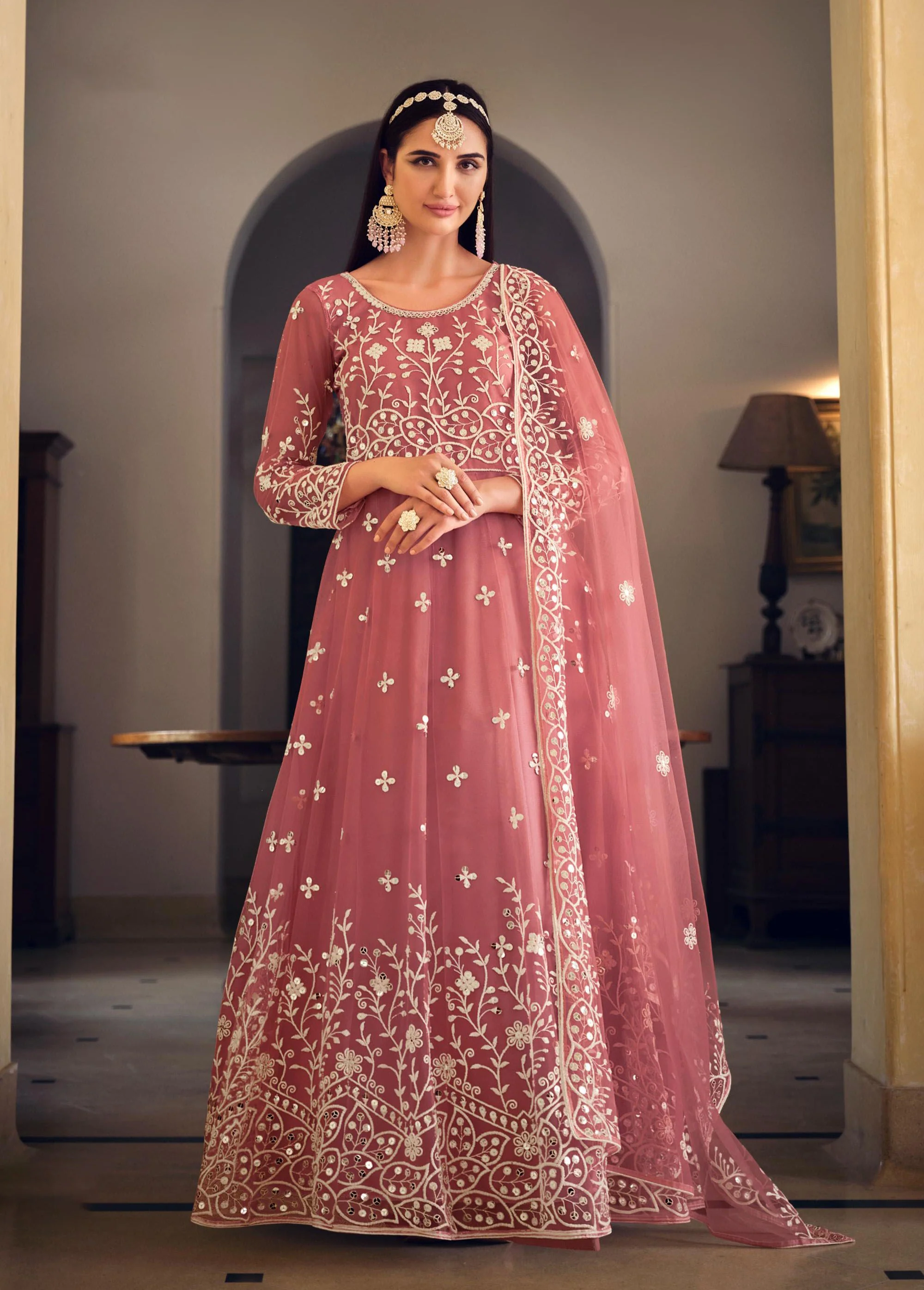 Rose Pink Net Anarkali Gown with Mirror Embroidery