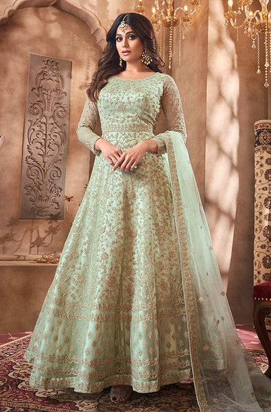 Dusty Mint Green Layered Anarkali with Gota Patti Dupatta
