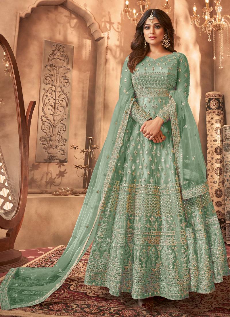 Aqua Blue Floor-Length Anarkali with Golden Thread Embroidery