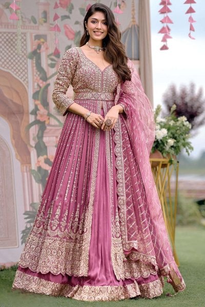 Blush Mauve Layered Anarkali with Embellished Belt