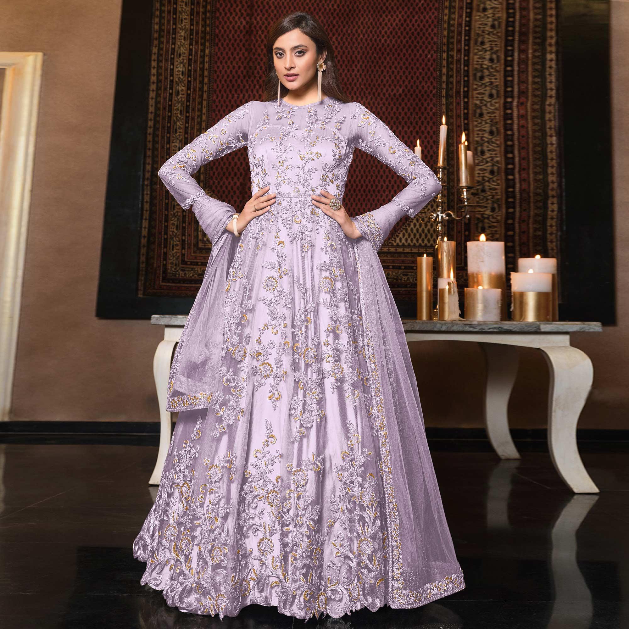 Lavender Layered Anarkali with Zari Work and Embellished Waist