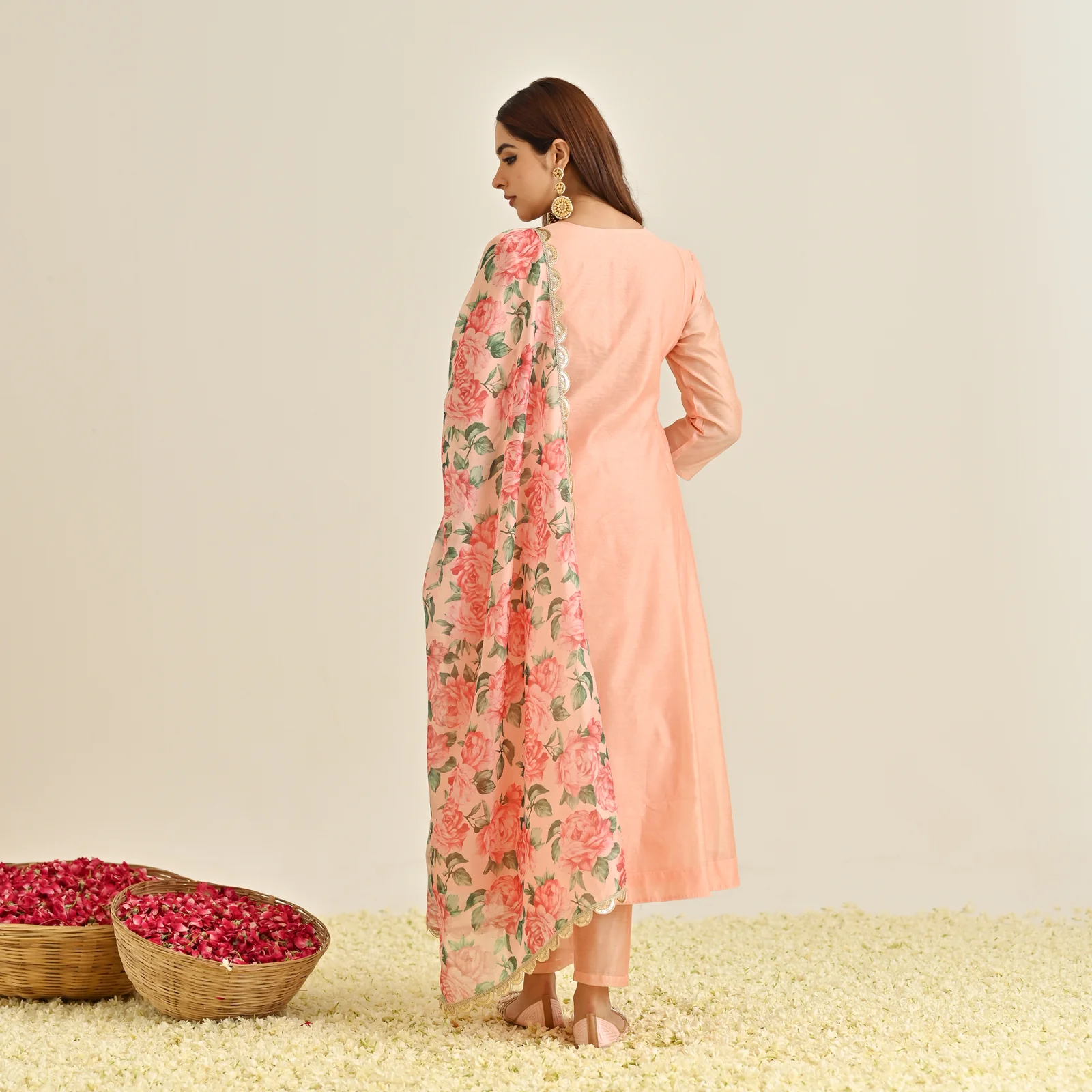 Peach Pink Tiered Anarkali with Gold Printed Yoke