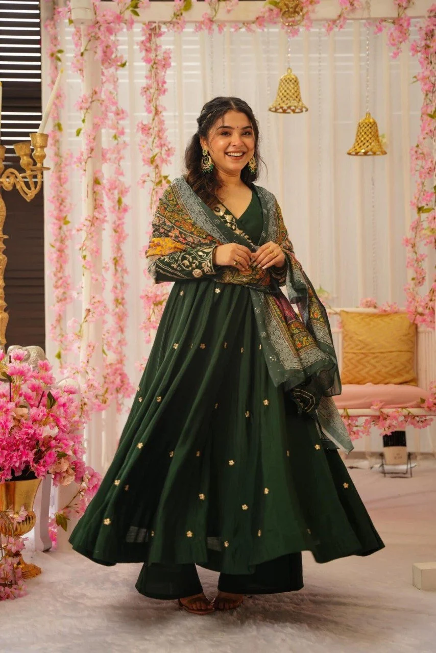Pine Green Anarkali with Thread and Mirror Embroidery