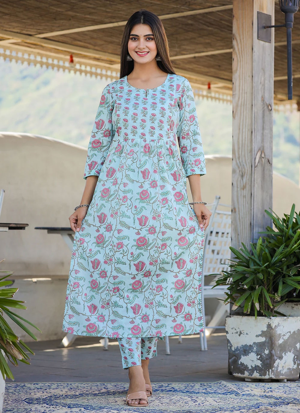Aqua Blue Casual Printed Cotton Kurti