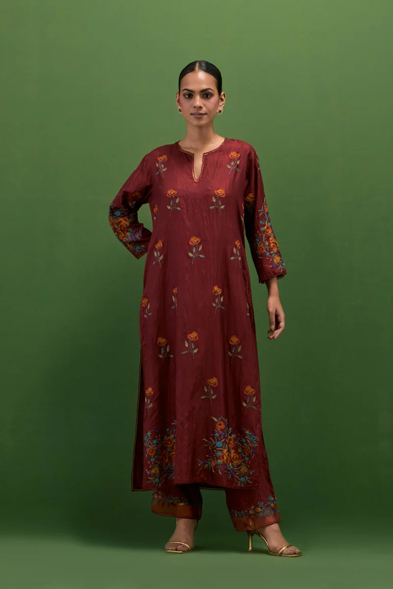 Rosewood Mirror Work Straight Kurta