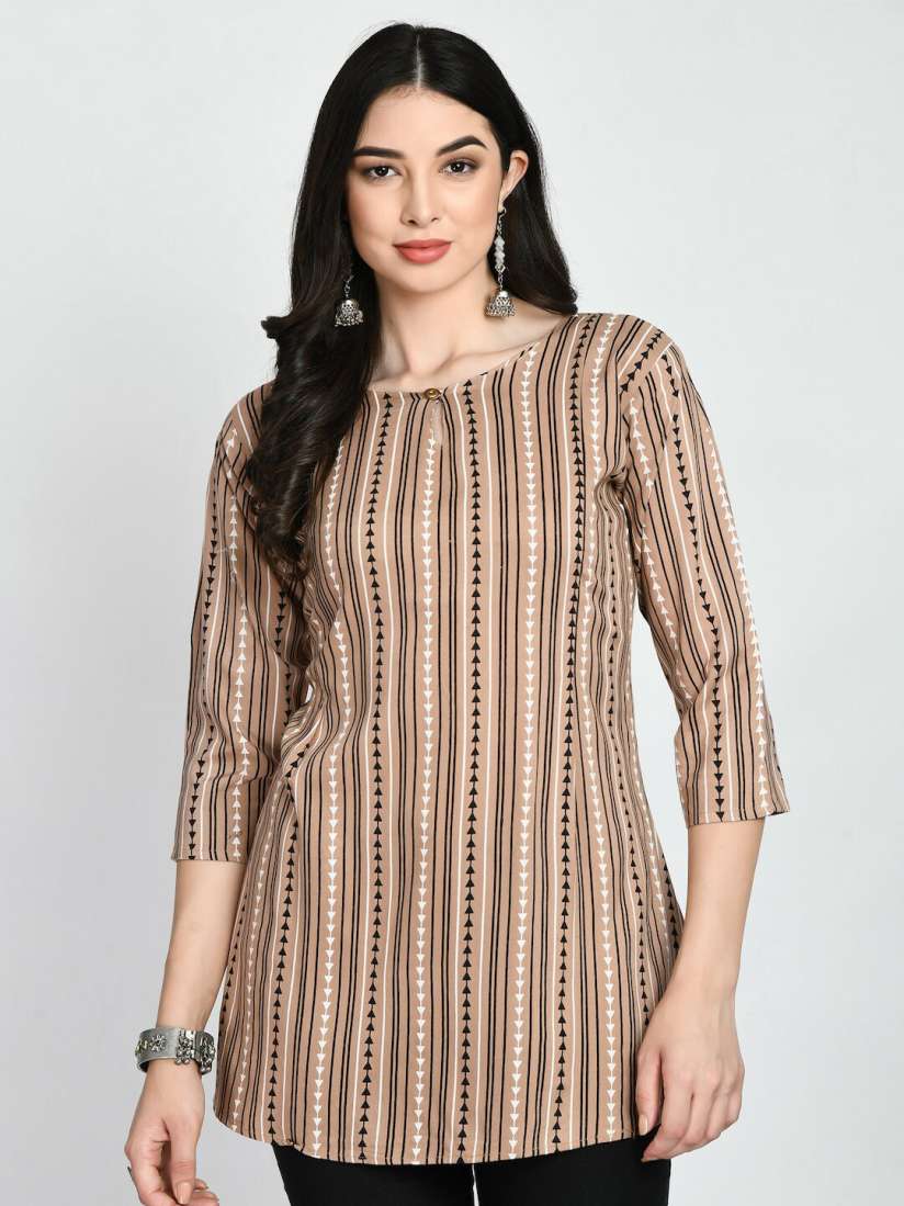 Sand Beige Floral Printed Cotton Kurti