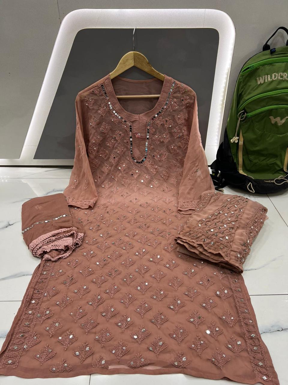 Dusty Rose Printed Kurti with Mirror Detail