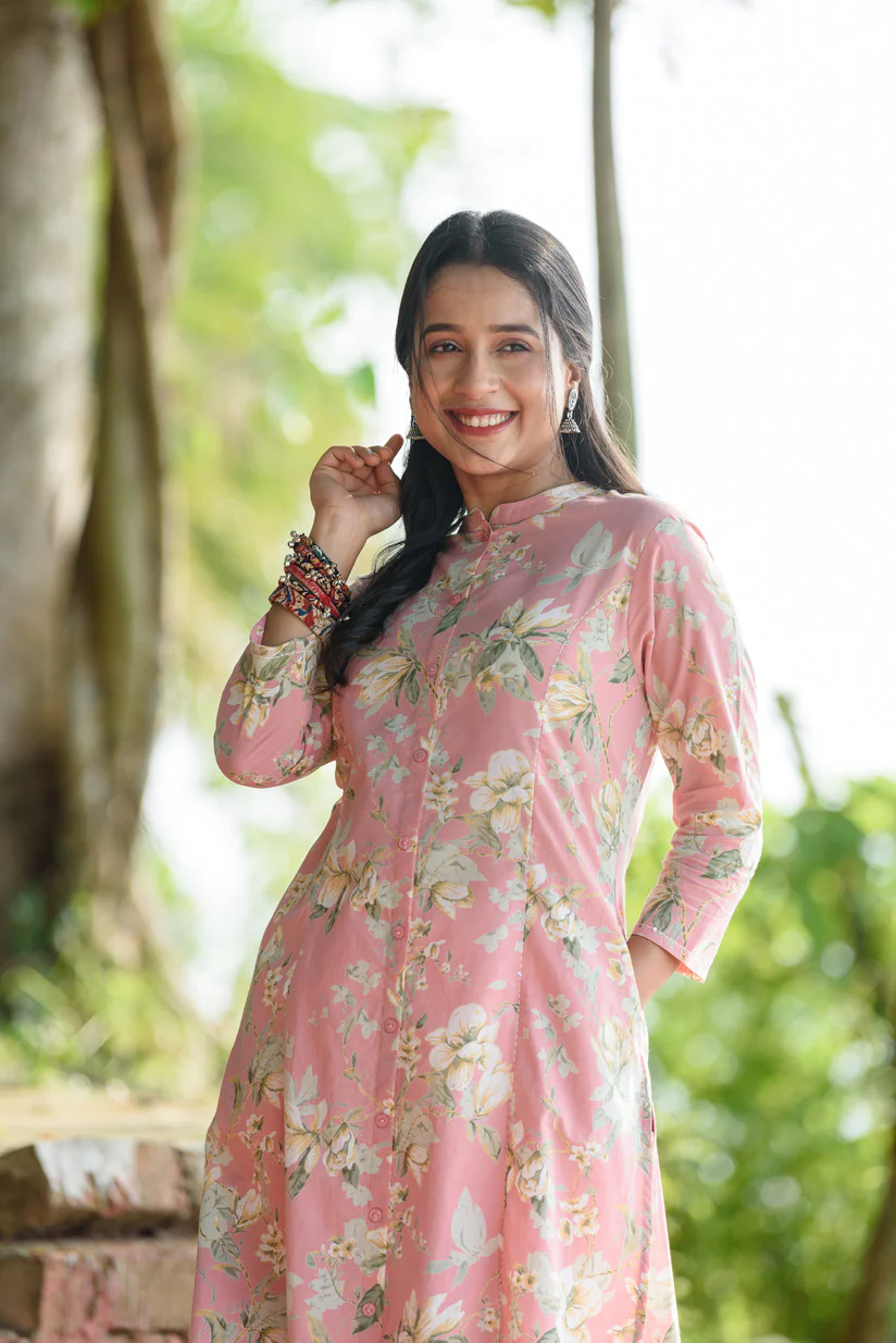 Light Pink Everyday Floral Cotton Kurti