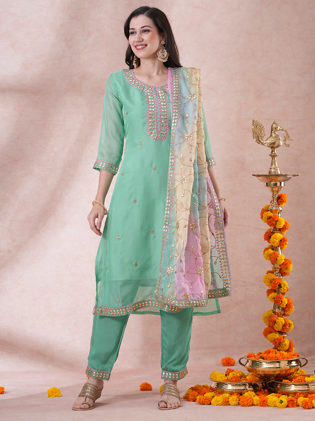 Sea Green Embroidered Kurti with Gota Detailing