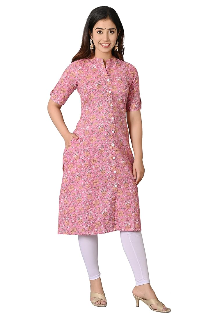 Soft Peach Printed Casual Kurti with Pockets