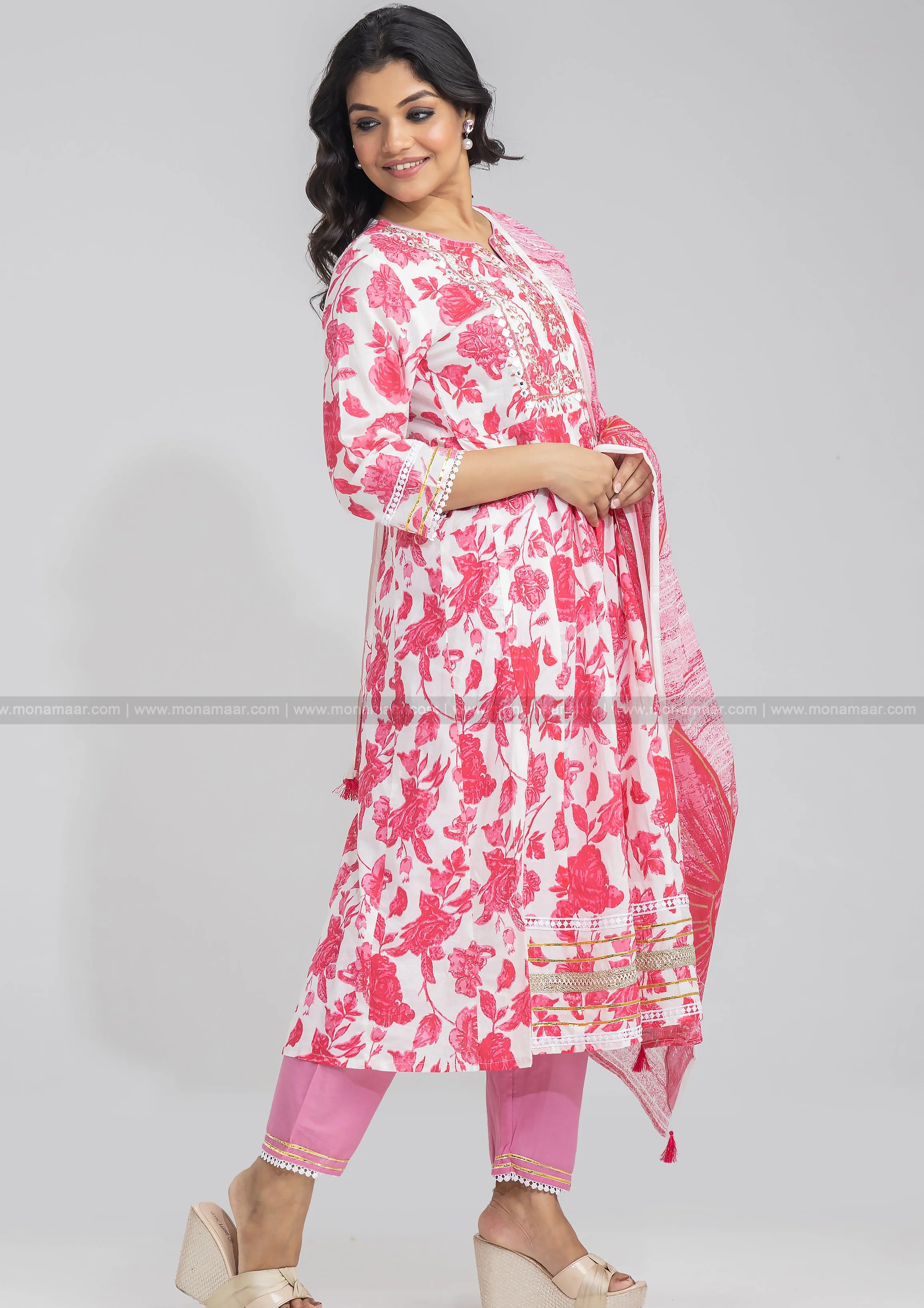 Rose Pink Floral Print Cotton Kurti