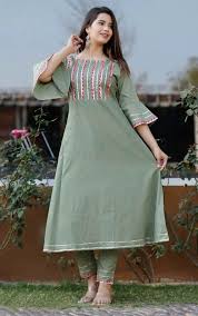 Olive Green Straight Kurti with Bell Sleeves