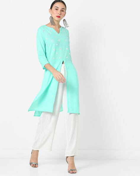 Aqua Blue Straight Kurti with Front Slit