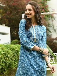 Sky Blue Printed Kurti with Lace Detailing