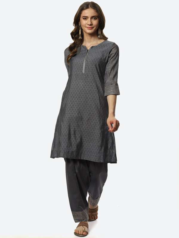 Olive Grey Straight Kurti with Notch Neckline