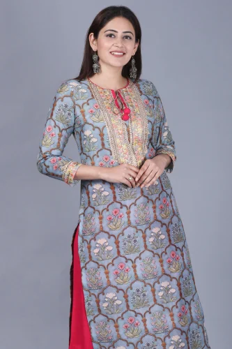 Slate Grey Printed Straight Cotton Kurti