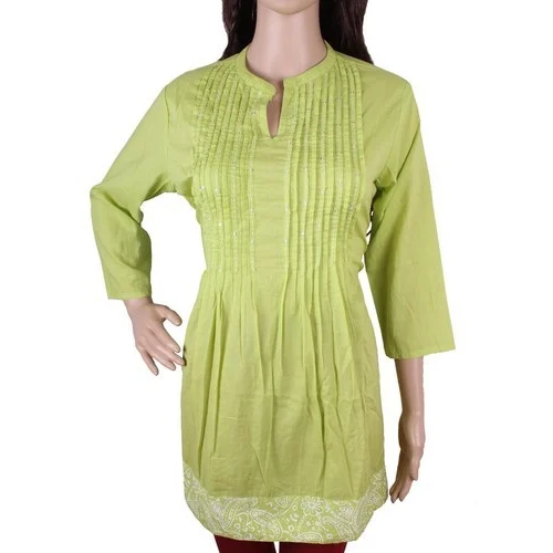 Pista Green Cotton Kurti with Pintuck Pattern