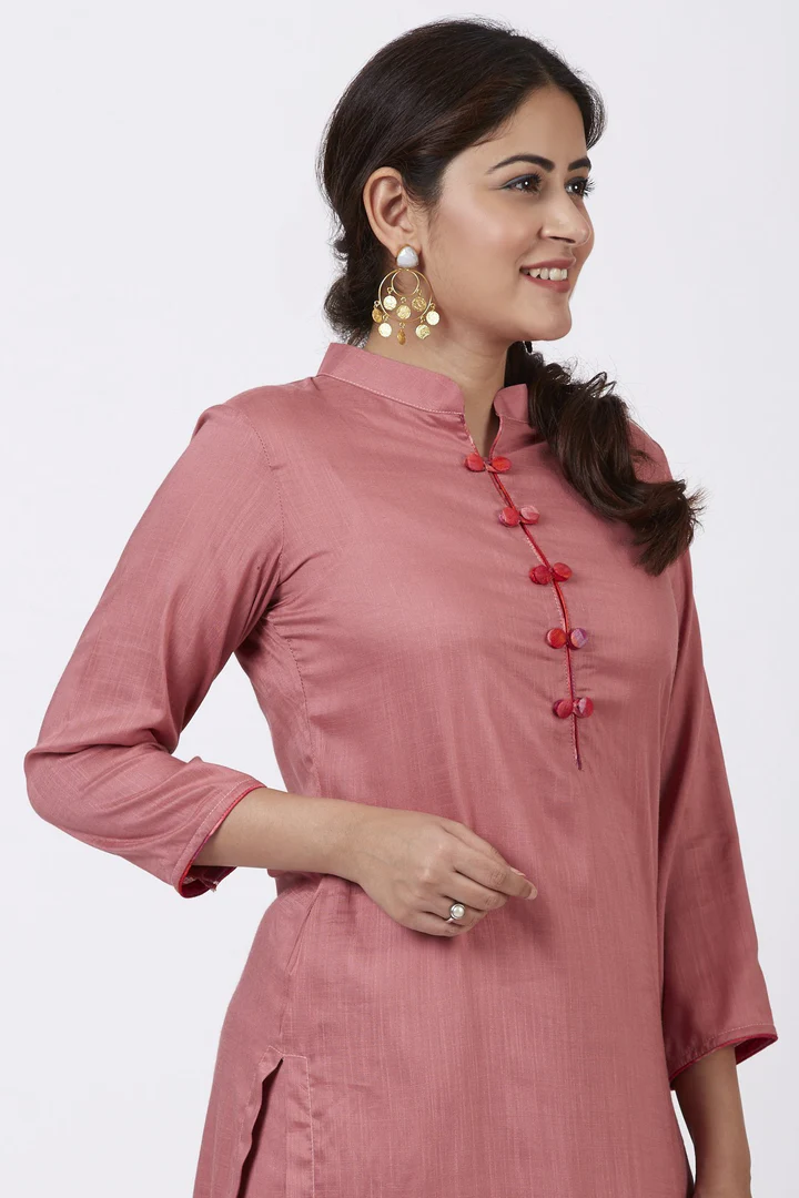 Dusty Rose Straight Kurti with Embellished Neckline