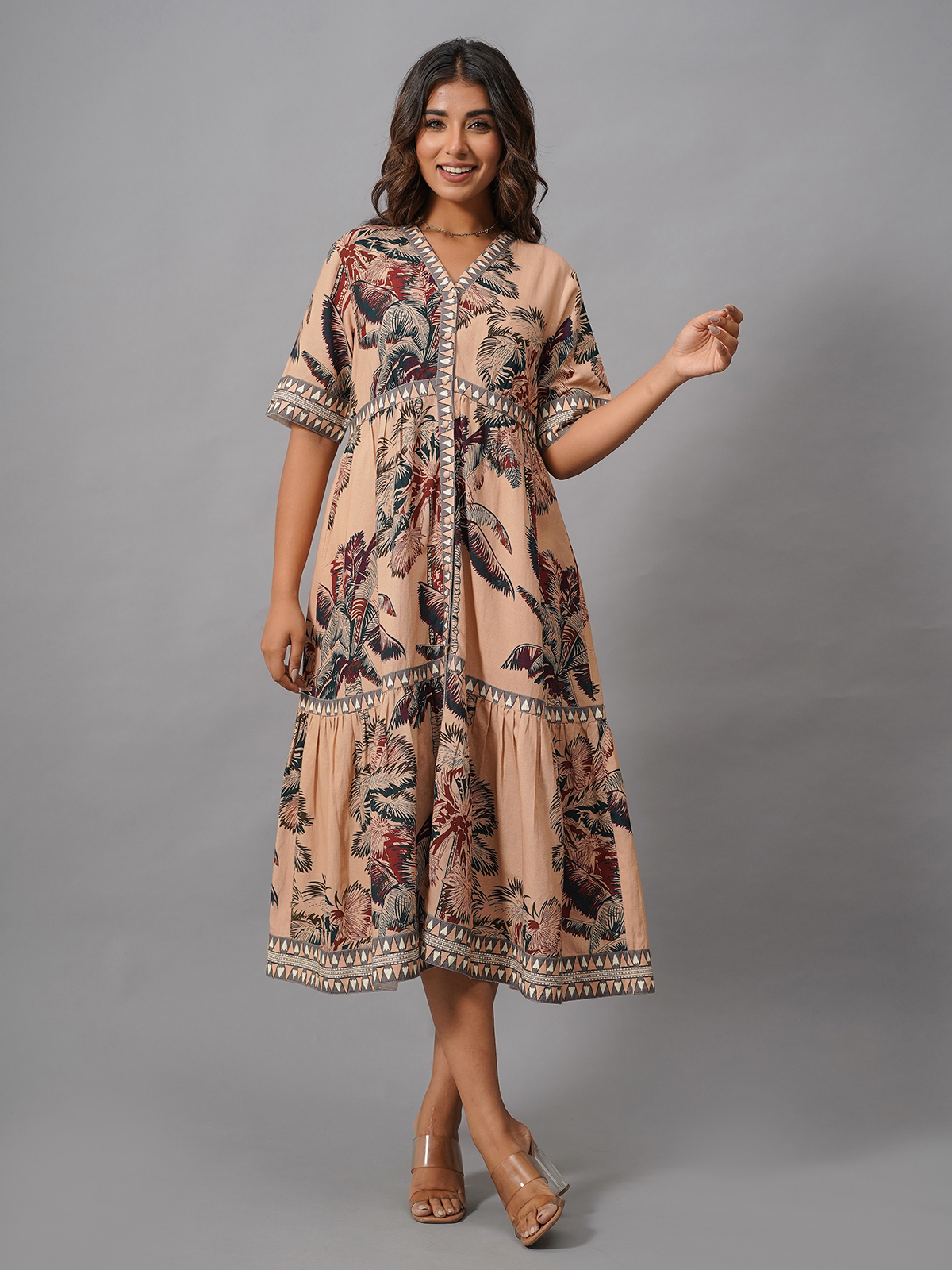 Warm Beige A-Line Kurti with Printed Sleeves