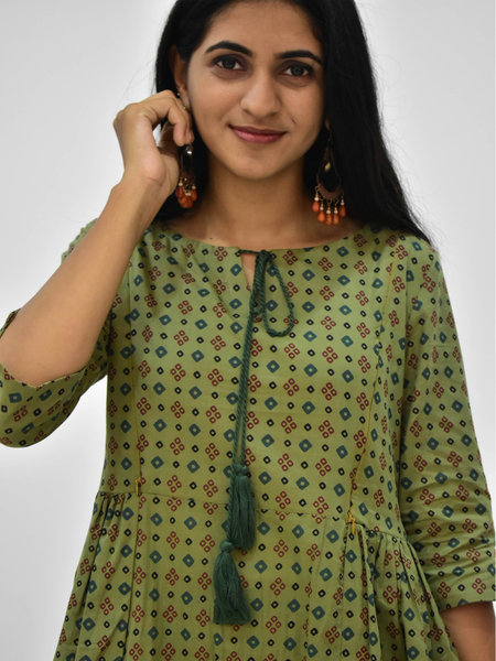 Olive Beige Kurti with Tassel Neckline and Block Print