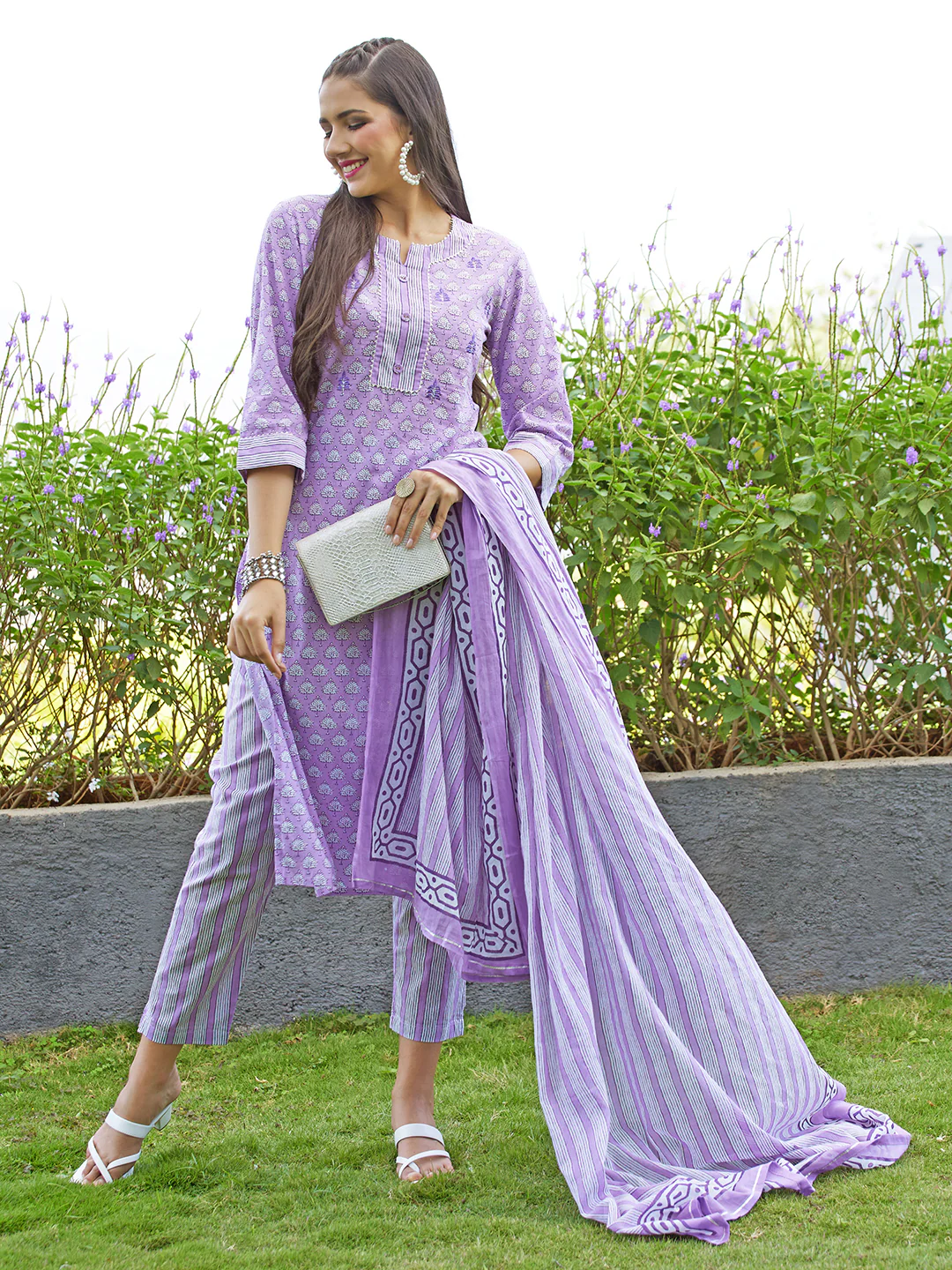 Lilac Floral Printed A-Line Kurti with Tassels