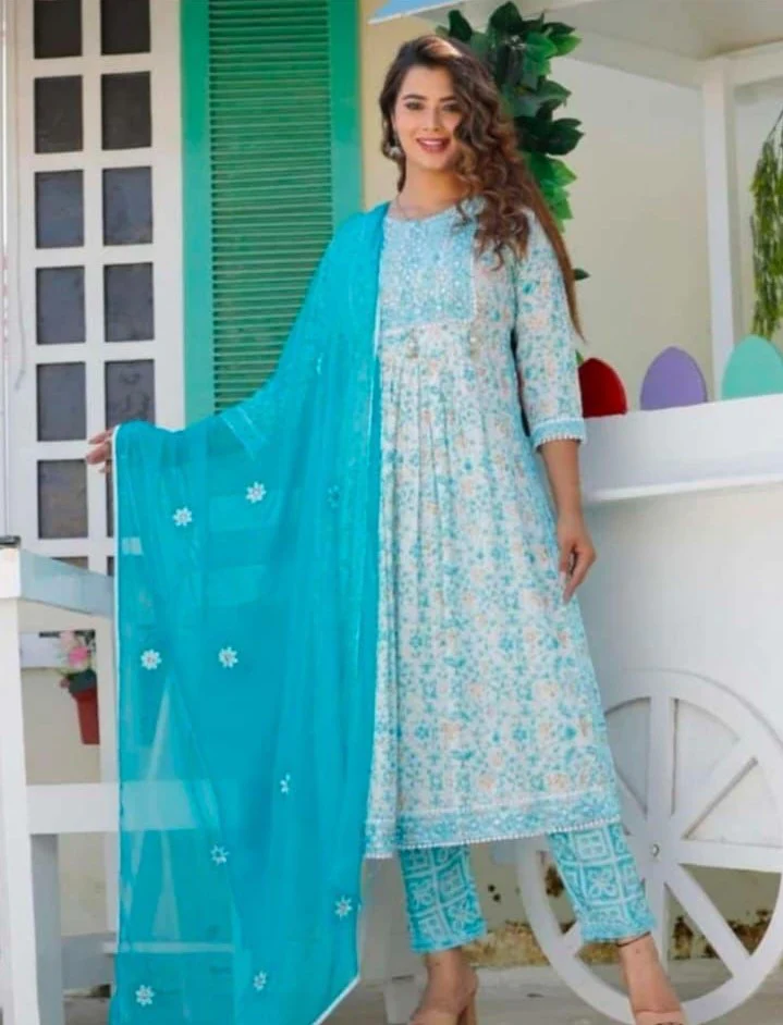 Baby Blue Embroidered Straight Kurti with Mirror Work