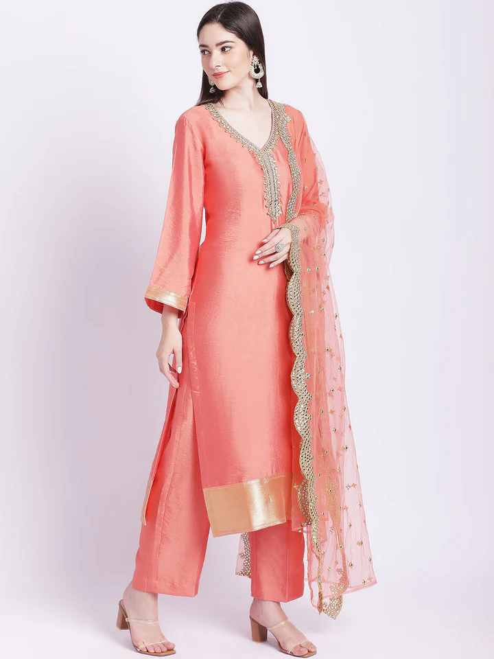 Coral Peach Embroidered Kurti with Mirror Work