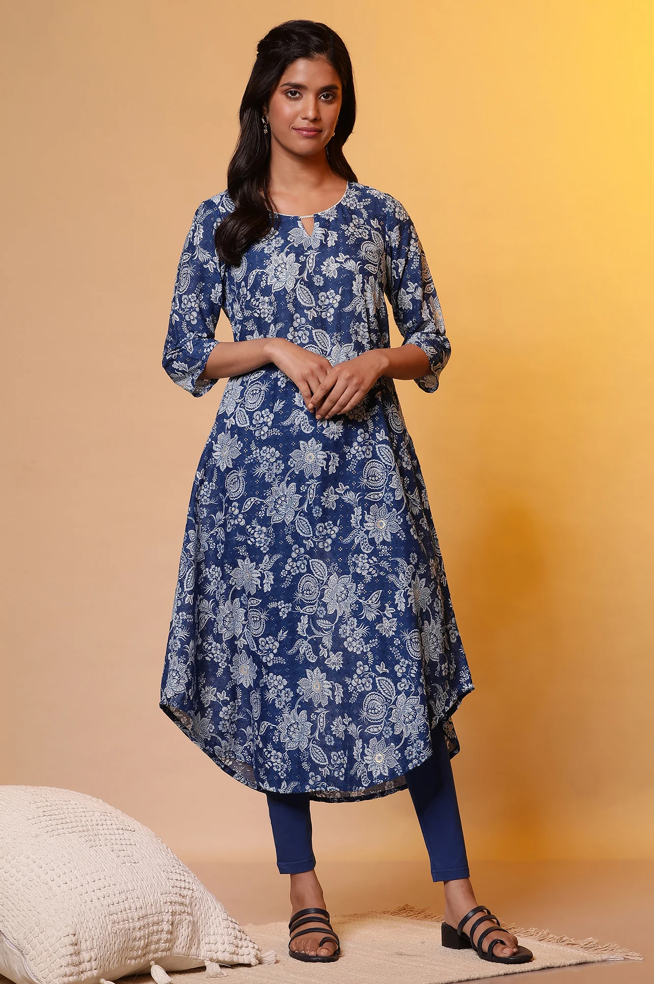 Ice Blue A-Line Kurti with Floral Foil Prints