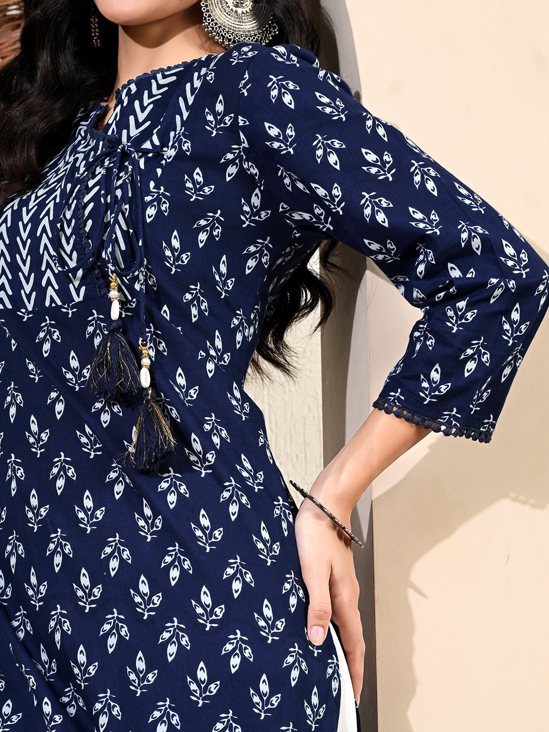 Teal Blue Printed Cotton Kurti with Notch Neck