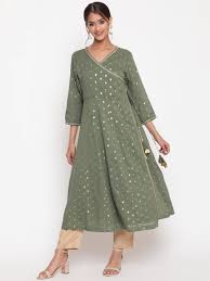 Olive Green Printed Flared Kurti with Angrakha Pattern