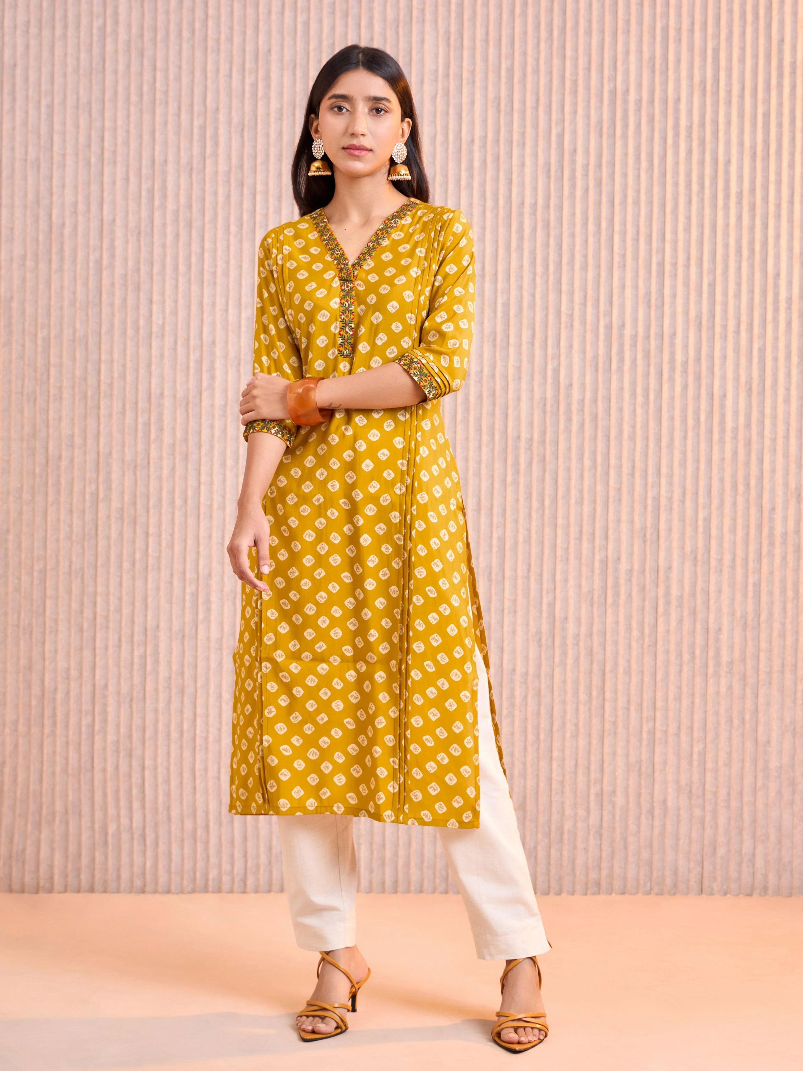 Mustard Yellow Printed Kurti with Front Pleats