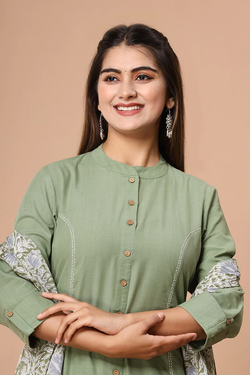 Sage Green Cotton A-Line Kurti with Thread Embroidery