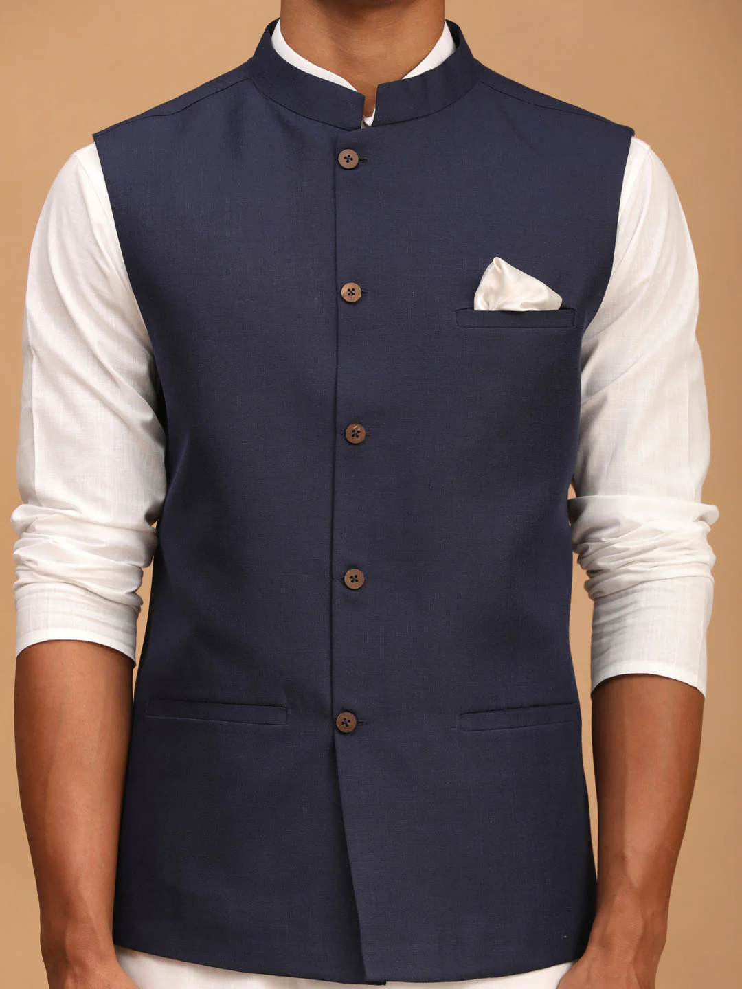 Men’s Navy Blue Nehru Jacket with Brass Buttons & Side Pockets