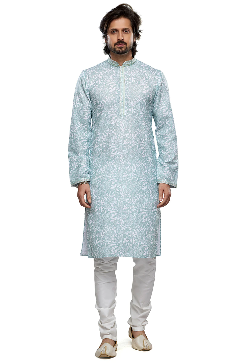 Men’s Mint Blue Printed Cotton Kurta