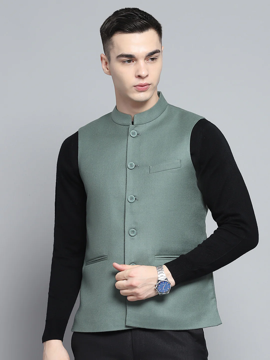 Men’s Olive Green Nehru Jacket with Stand Collar