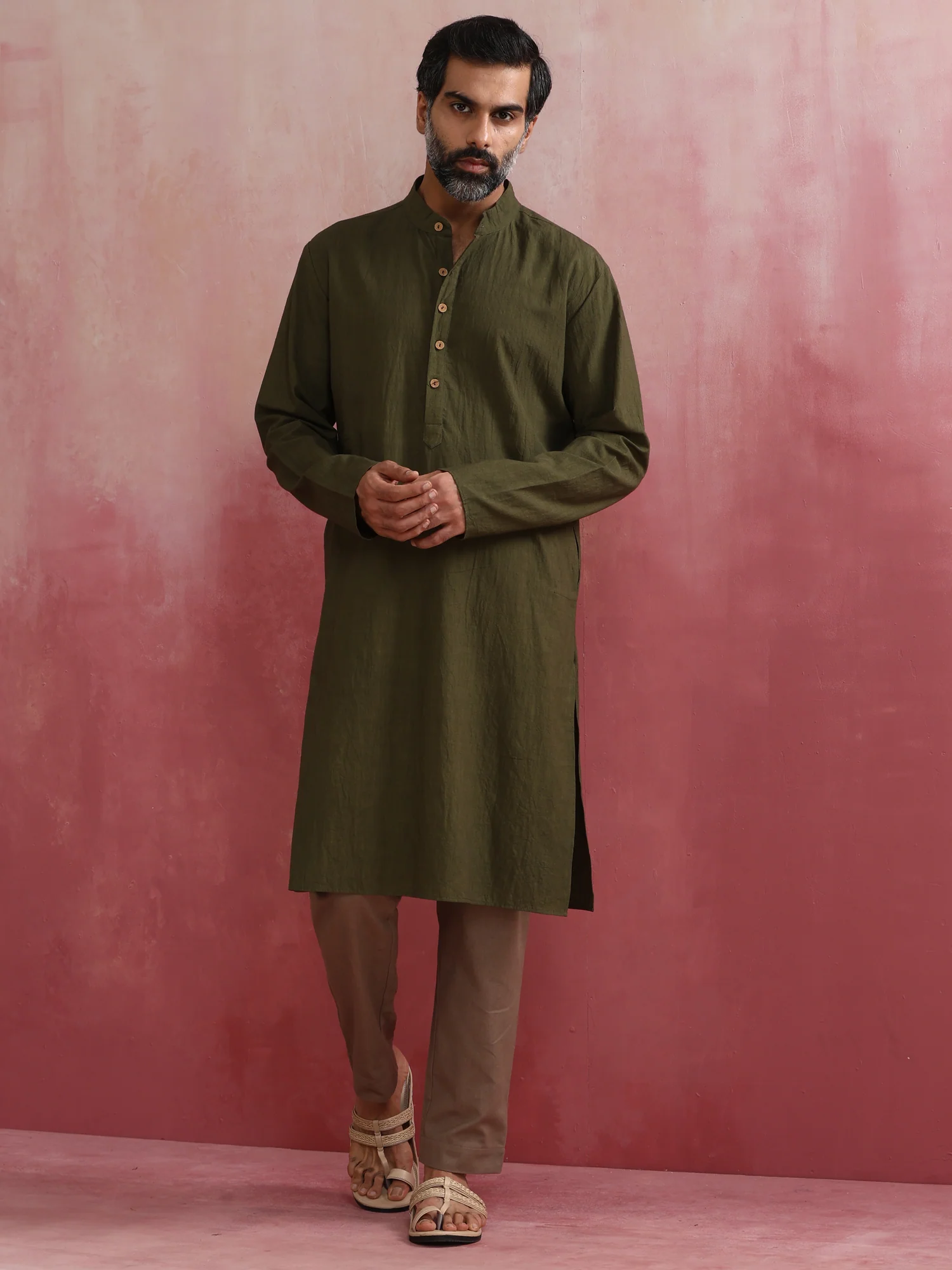 Men’s Olive Brown Cotton Kurta with Mandarin Collar
