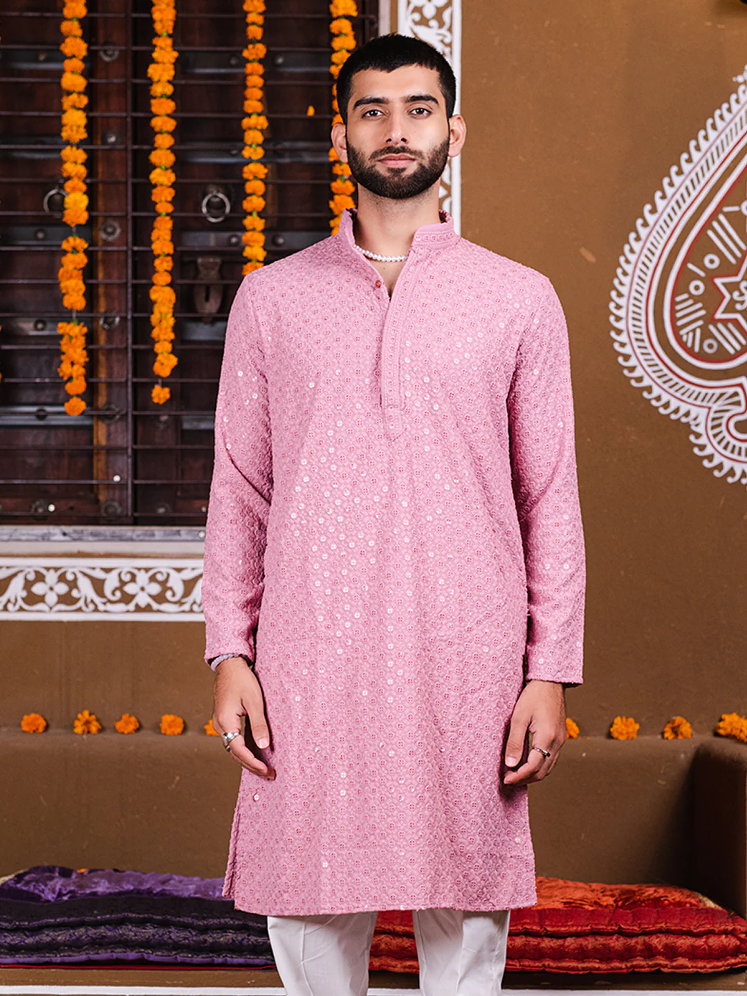 Men’s Dusty Rose Short Kurta with Minimal Embroidery