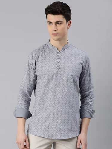 Men’s Slate Grey Printed Short Kurta with Casual Fit