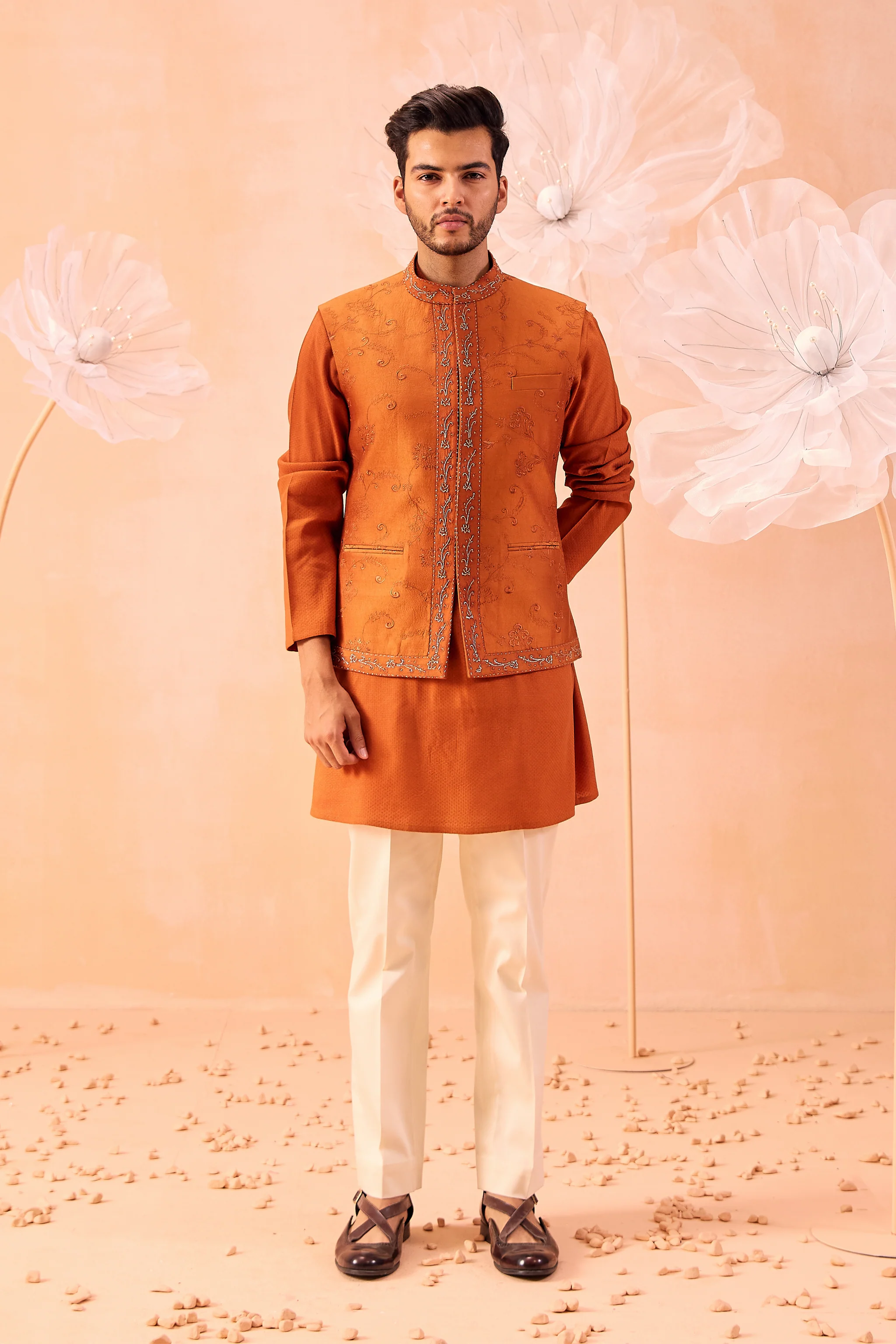 Men’s Burnt Orange Nehru Jacket with Hand Embroidery on Pocket