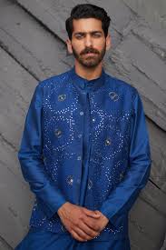 Men’s Deep Indigo Nehru Jacket with Embroidered Crest Pocket