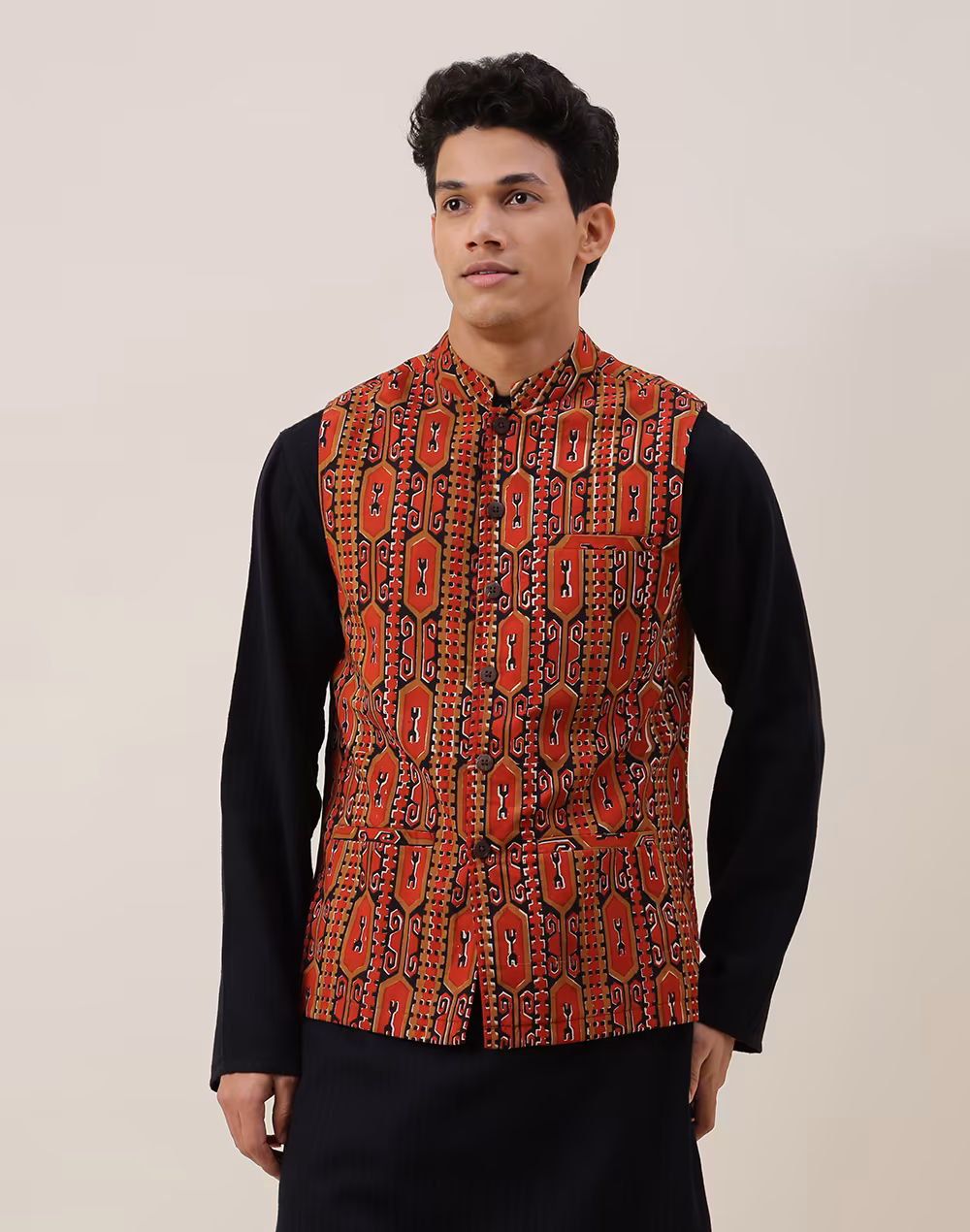 Men’s Brick Red Nehru Jacket with Printed Lining