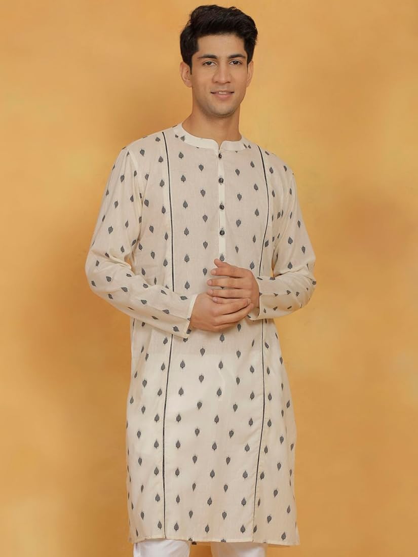Men’s Cream Cotton Kurta with Self Design