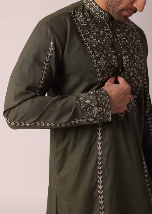 Men’s Khaki Green Linen Blend Festive Kurta