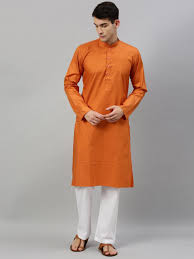 Men’s Rust Orange Textured Kurta with Side Placket