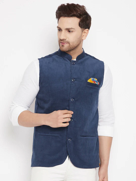 Men’s Ash Blue Nehru Jacket with Contrast Lining