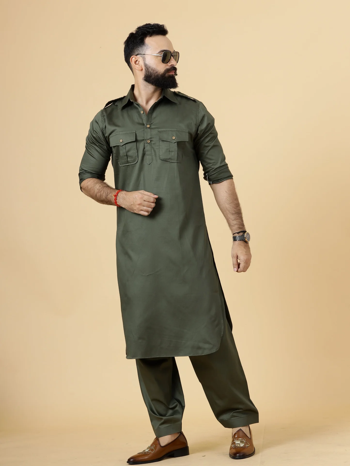 Men’s Olive Pathani Kurta with Pocket Detailing